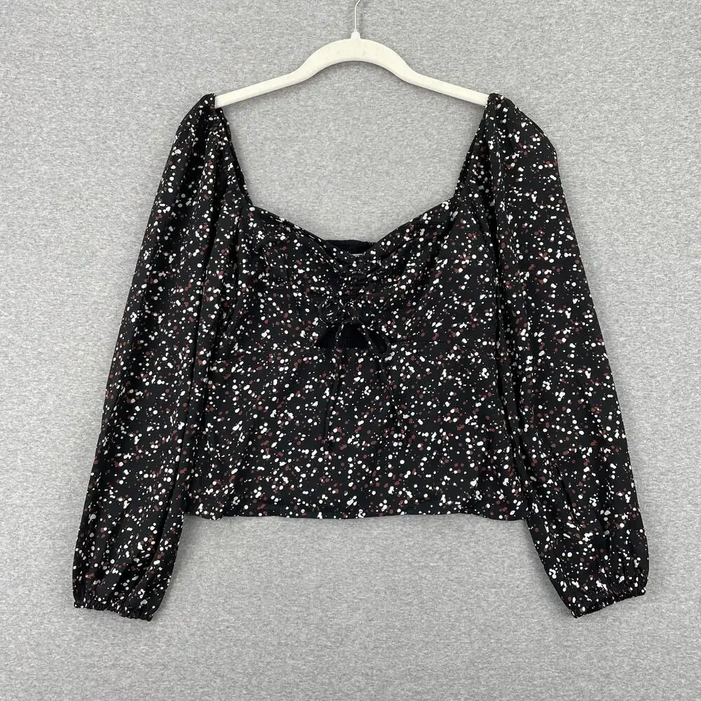 Abercrombie & Fitch Top Womens S Black Sweetheart Neck Speckled Tie Front NWT